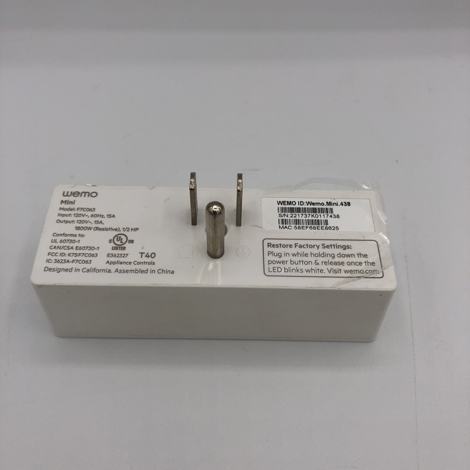 WeMo WiFi Enabled Mini Smart Plug - White (F7C063)