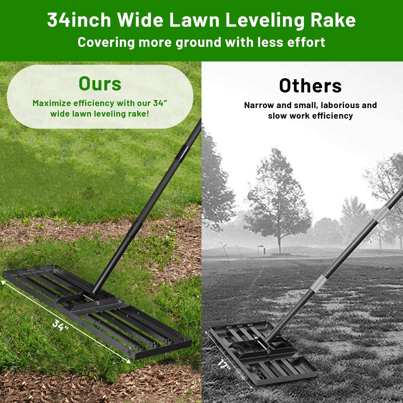 Adjustable Lawn Leveling Rake 34"x10" - Heavy Duty Tool for Soil & Grass