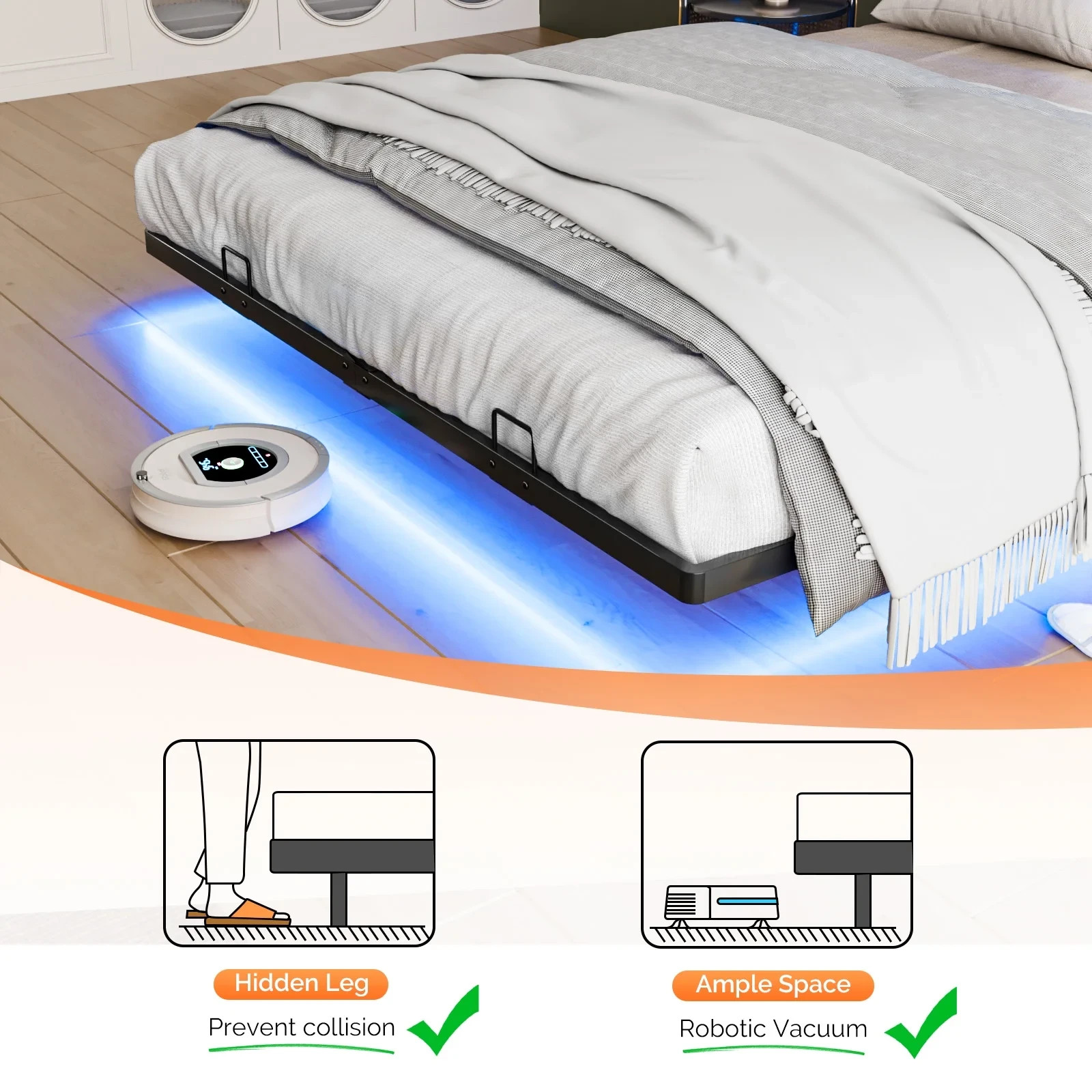QUEEN SIZE Floating Platform Bed Frame With Charging Station Storage Headboard