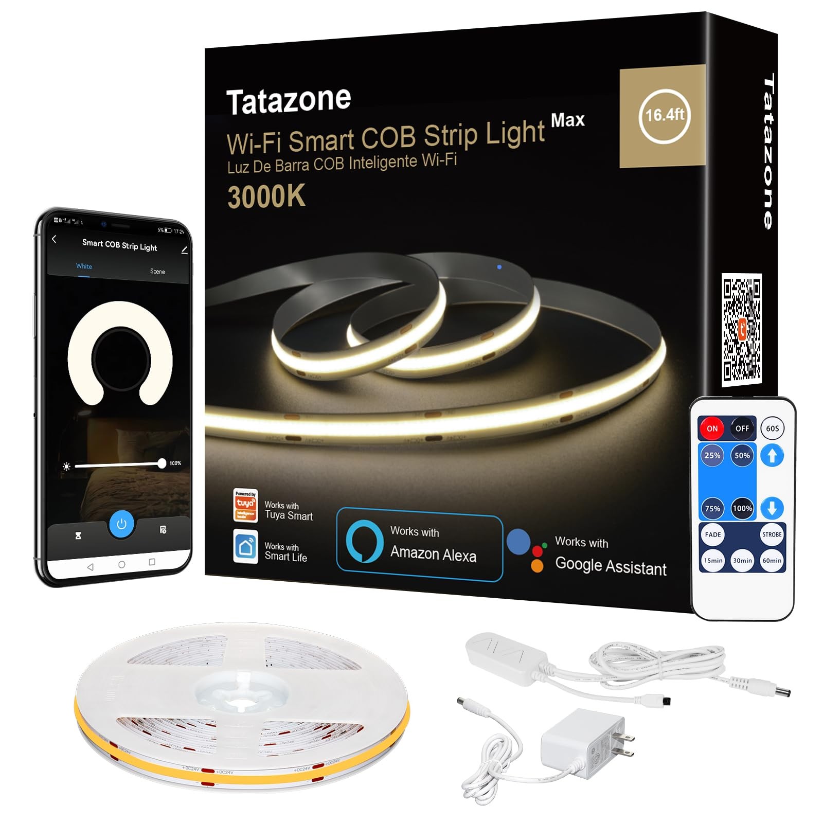 Smart White COB Led Strip Light with App and Remote, 16.4ft 3000K Bright Warm...