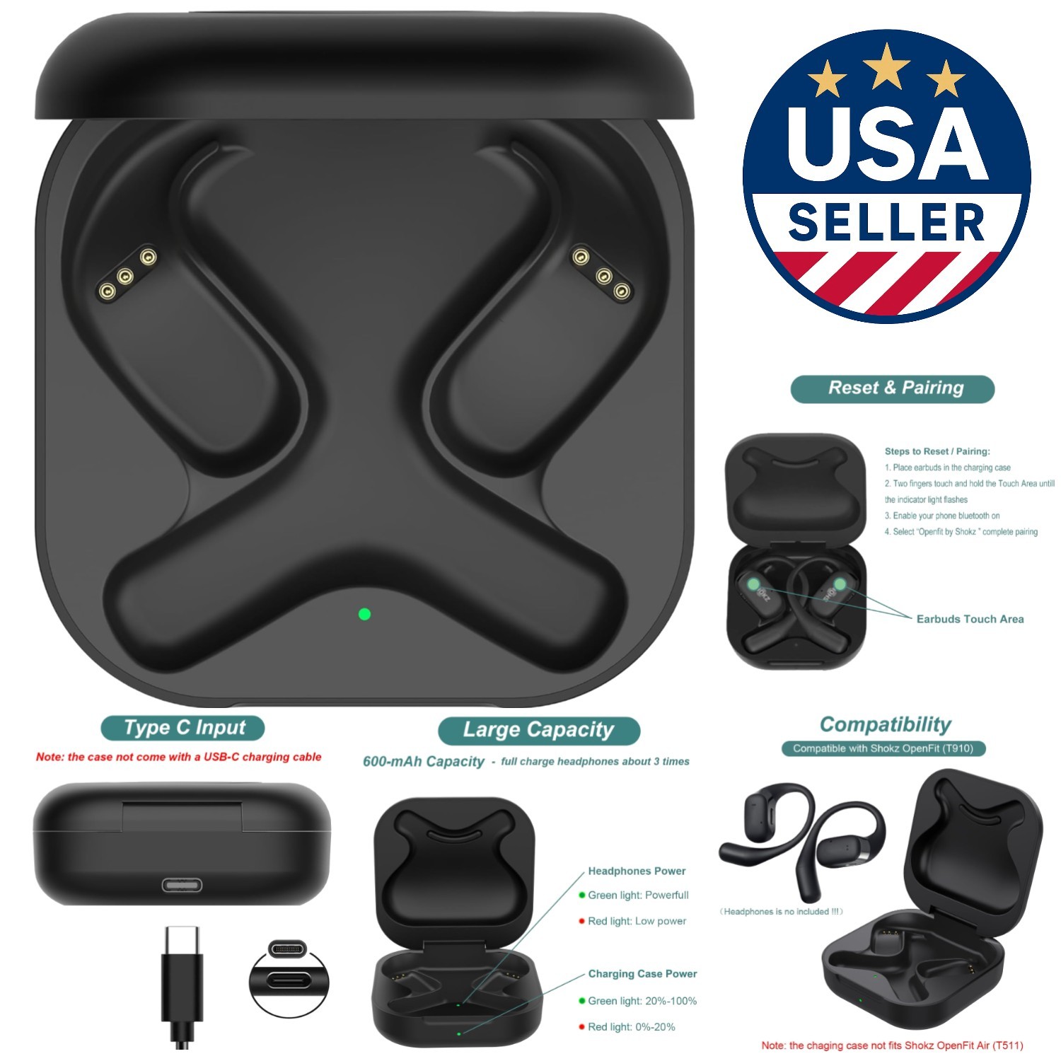 600mAh Charging Case for Shokz OpenFit T910 – Fast Charge & Clear LED