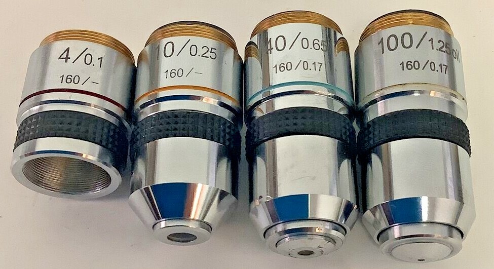 (4) Microscope Objective Lens 4/0.1 10/0.25 40/0.65 100/1.25 oil 4x 10x 40x 100x