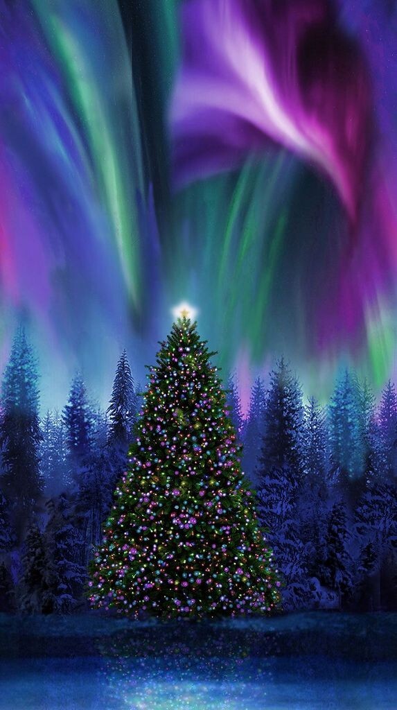 24" X 44" Panel Christmas Tree Aurora Borealis Blue Cotton Fabric Panel D506.86