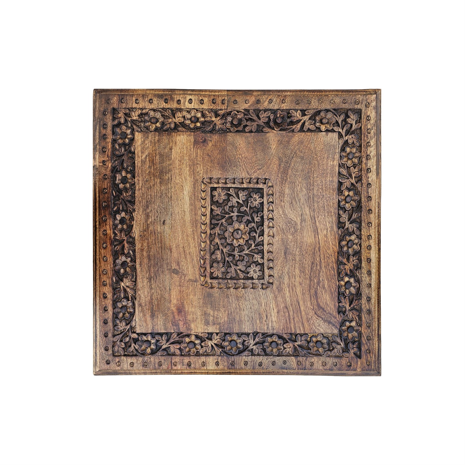 21 Inch Boho Side End Table- Floral Carved Details- Foldable Panel Legs