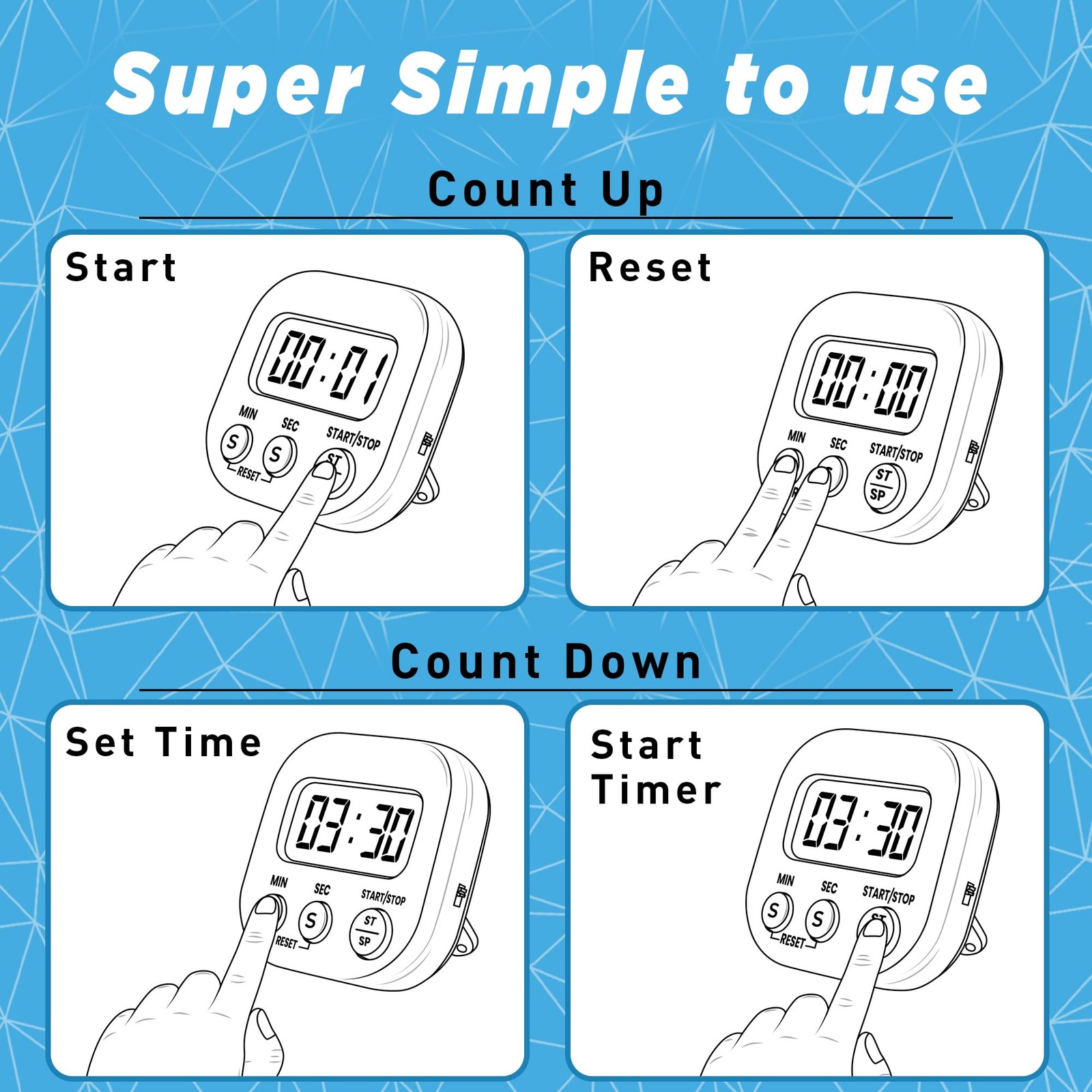 Digital Kitchen Timer Cooking Baking Loud Alarm Big LCD Numbers Backlight Countd