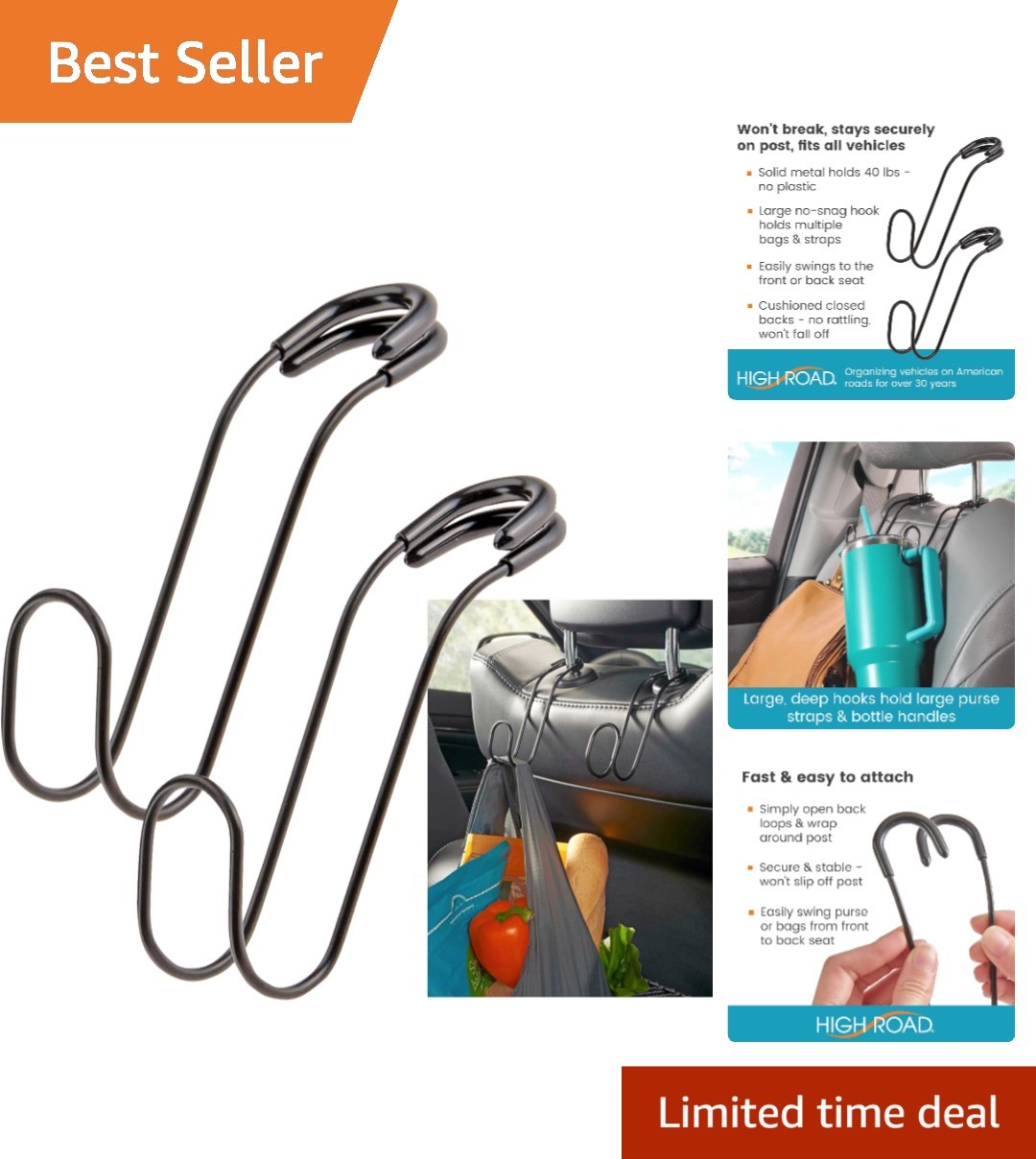Unbreakable Solid Metal Car Bag Hooks - Secure Storage for Heavy Bags, 2-Pack