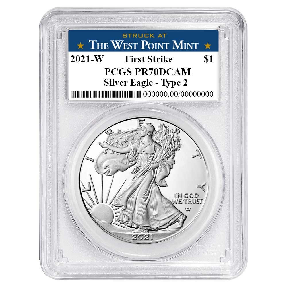 2021-W Proof $1 Type 2 American Silver Eagle PCGS PR70DCAM FS West Point Label