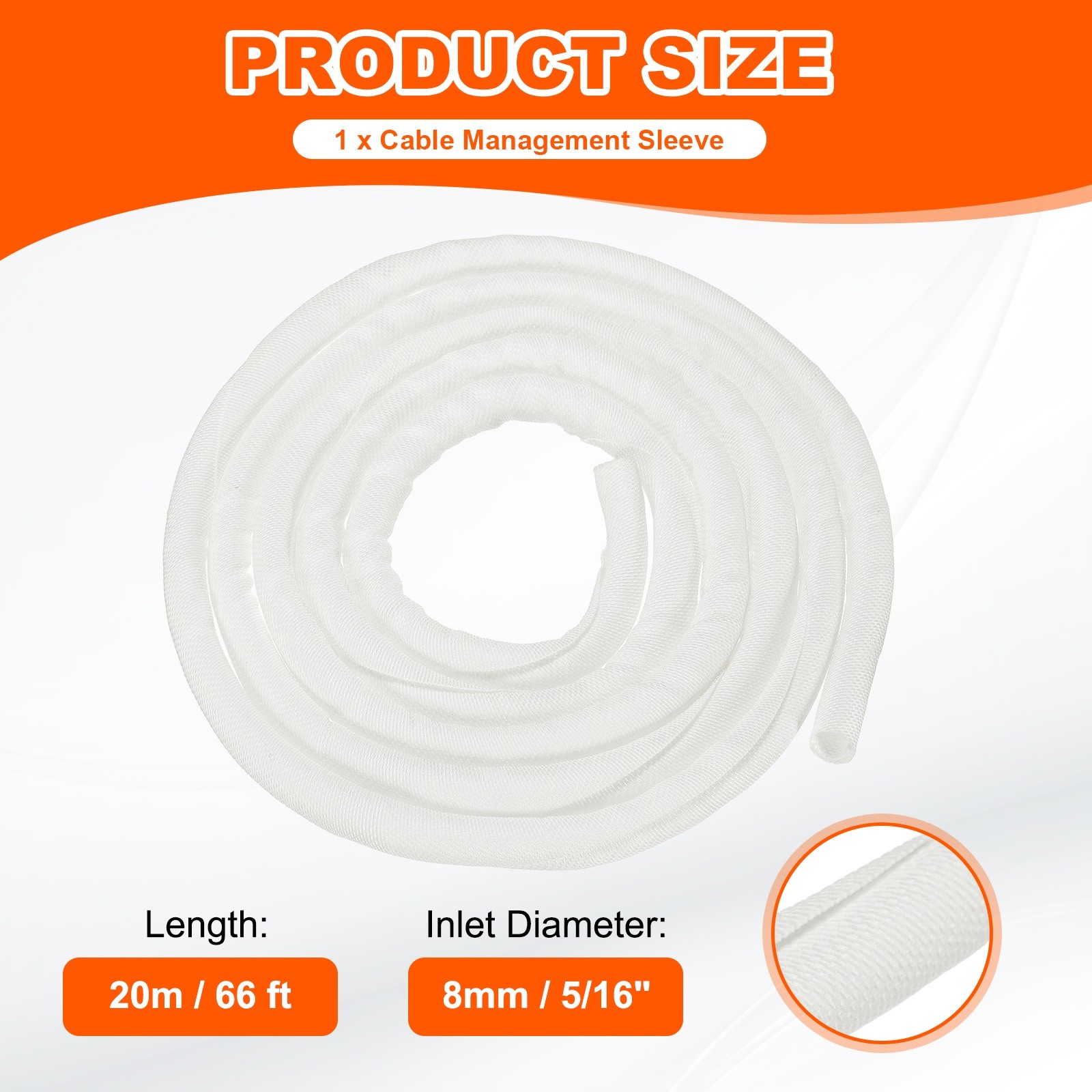 Wire Split Braided Cable Management Sleeve, White (5/16" - 66 Feet)