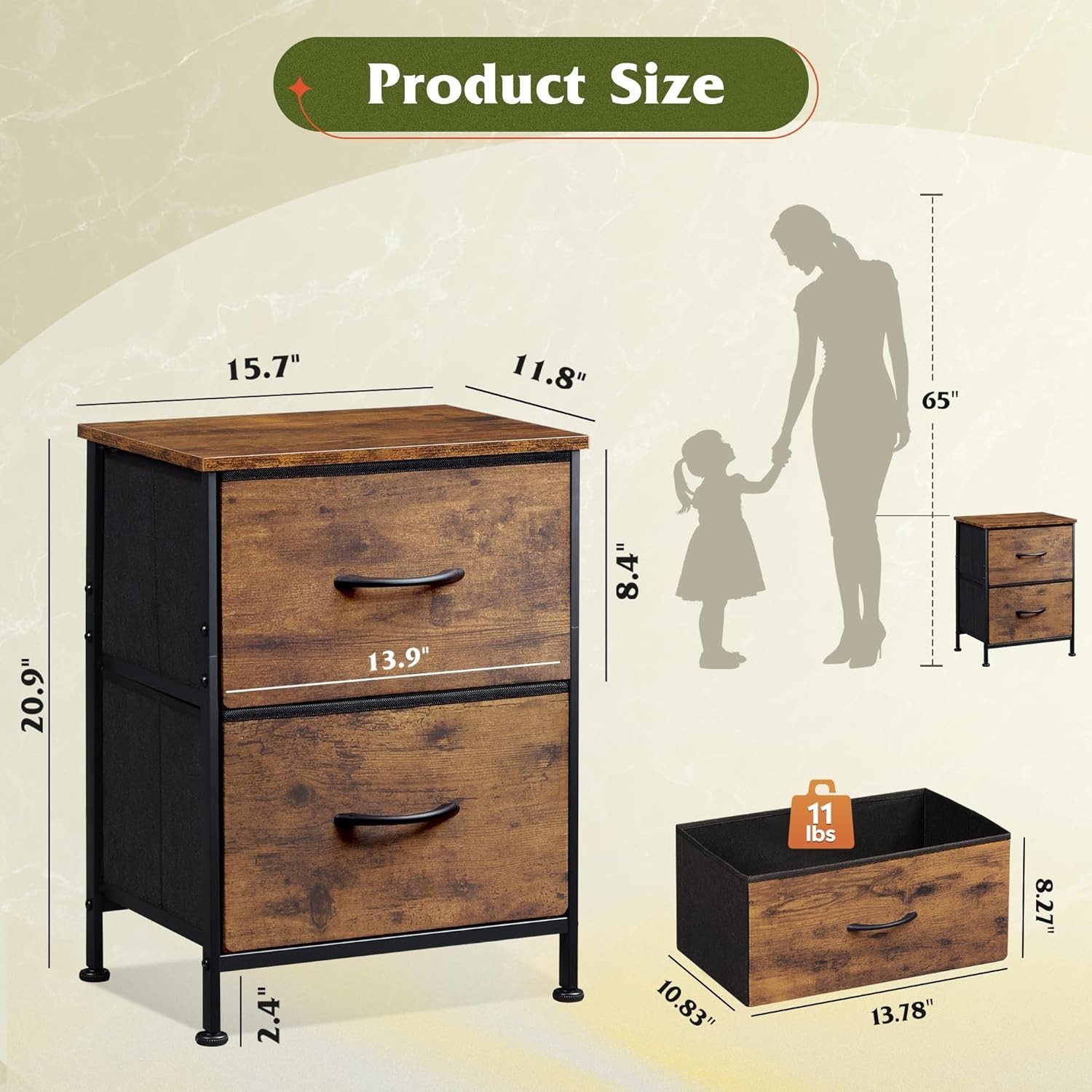 Stylish Bedside Table & Dresser Combo in Rustic Brown with Quick Assembly