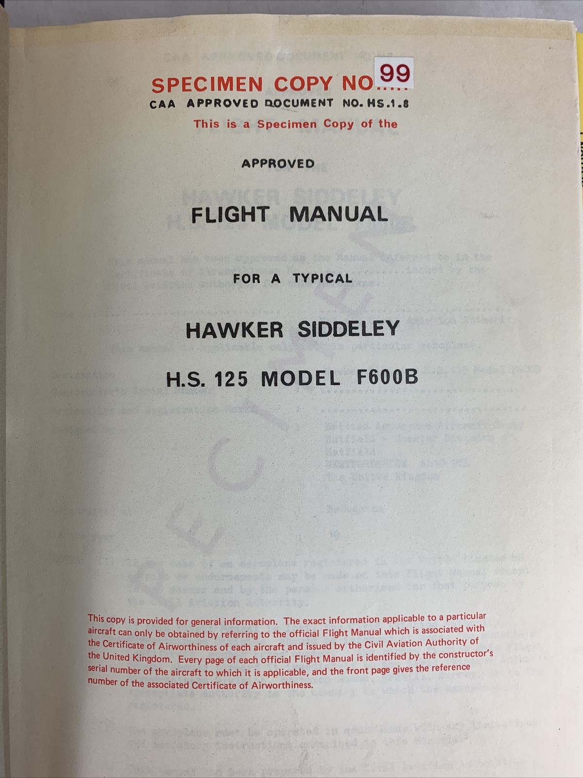 Hawker Siddeley Aviation H.S. 125 F600B Flight Manual