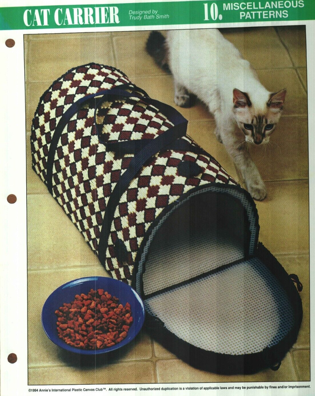 NEW CAT CARRIER TRANSPORT TOTE ANNIE'S PLASTIC CANVAS PATTERN INSTRUCTIONS