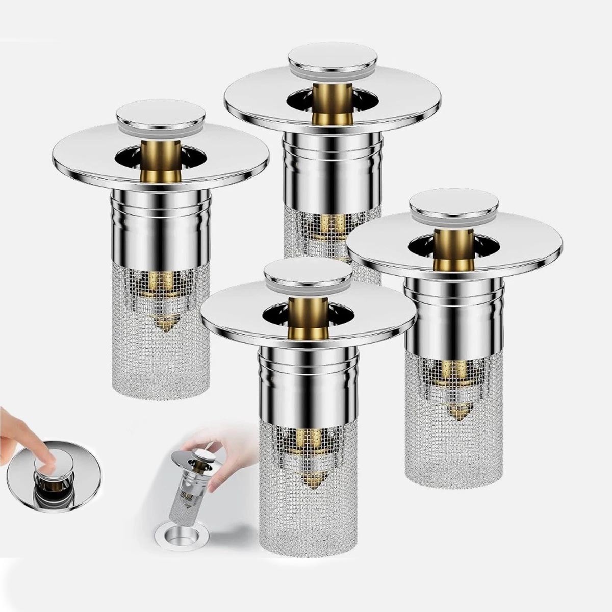 3-in-1 Bathroom Sink Plug - Rebound Pop-Up Drain Filter & Washbasin Core (4PC)