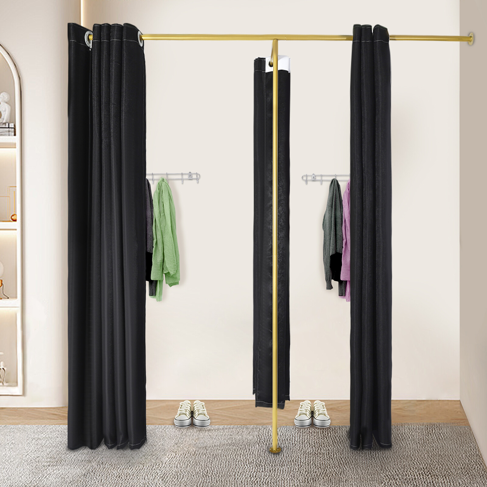 F-shaped Wall Mount Clothes Shops Corner Privacy Dressing Room With Clothes Rack