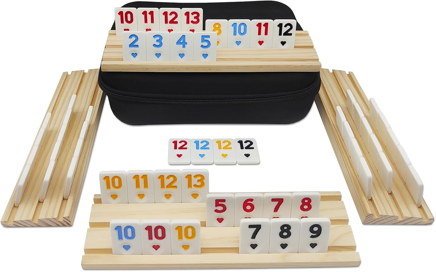 Rummy Cube Game with 4 Wooden Racks, 106 Rummy Tiles Game Set with Travel Case R
