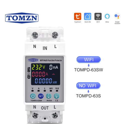 TOMZN 2P 63A WiFi Smart Circuit Breaker kWh Meter Protection