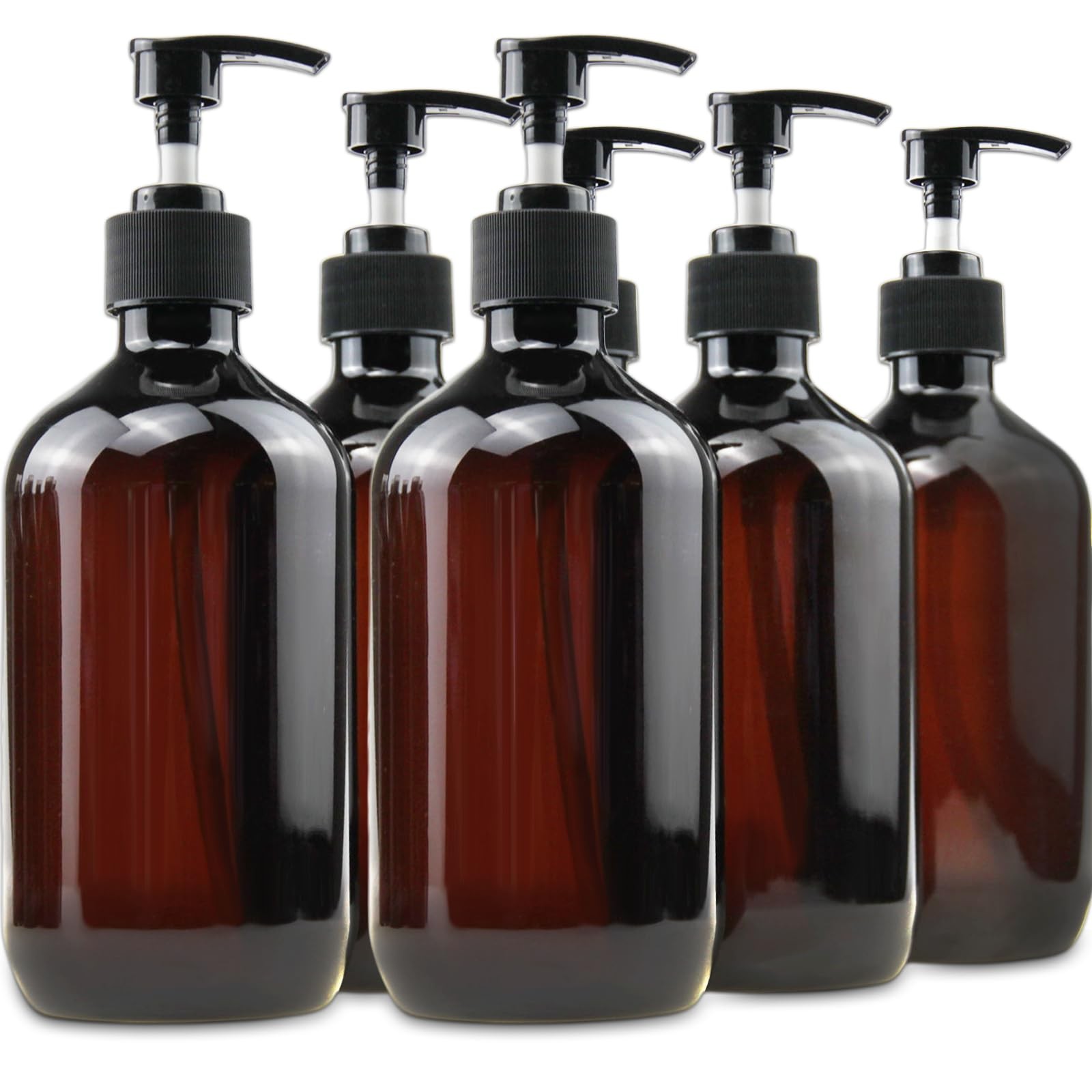 6 Pack 500ml Amber Plastic Pump Bottles - Refillable for Sanitizer, Lotion