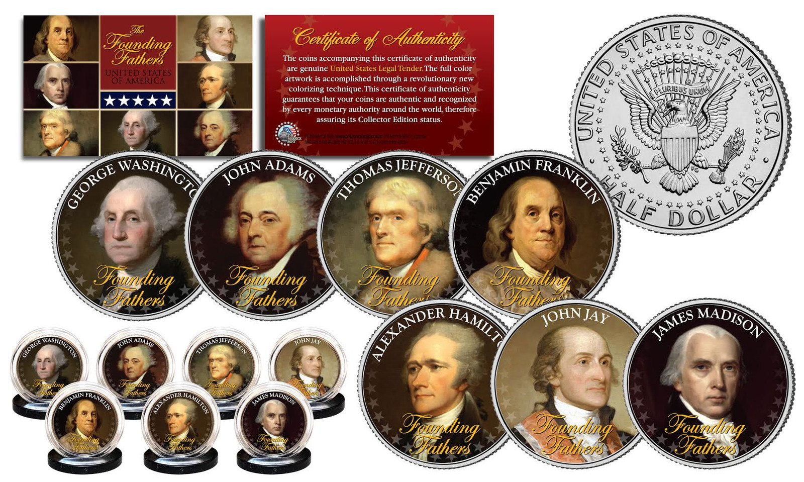 THE FOUNDING FATHERS of The United States JFK Kennedy US Half Dollars 7-Coin Set