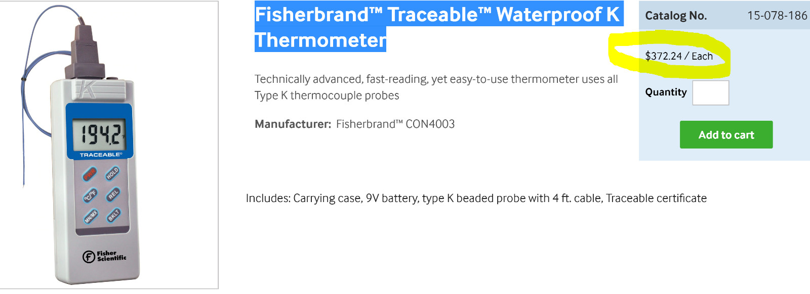 −328° ~ +2,372°F Thermocouple Thermometer Traceable Type K Waterproof [D1B6]