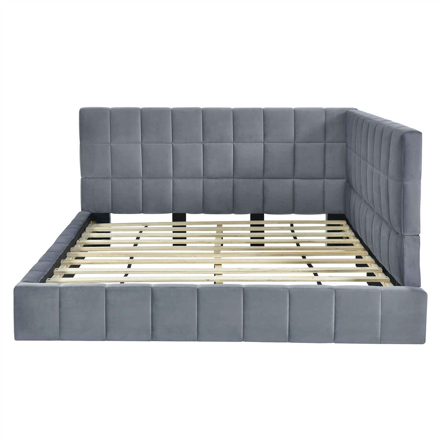 Full Size Daybed Velvet Upholstered Bed Frame Sofa Bed Wood Slat Support Gray US