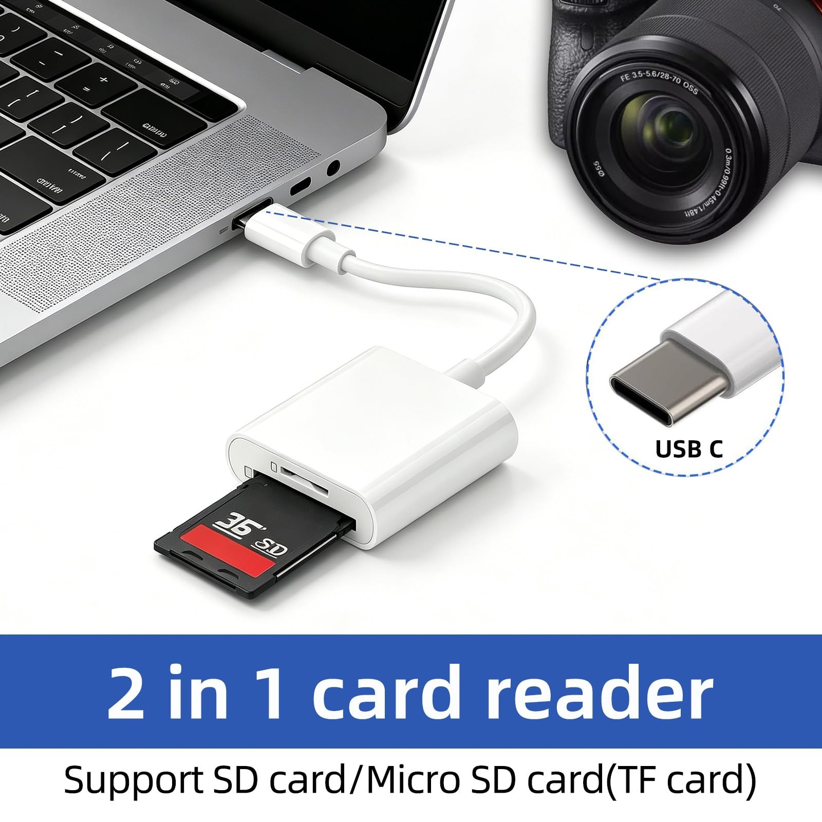 USB C SD Card Reader, Type C Supports and Micro White