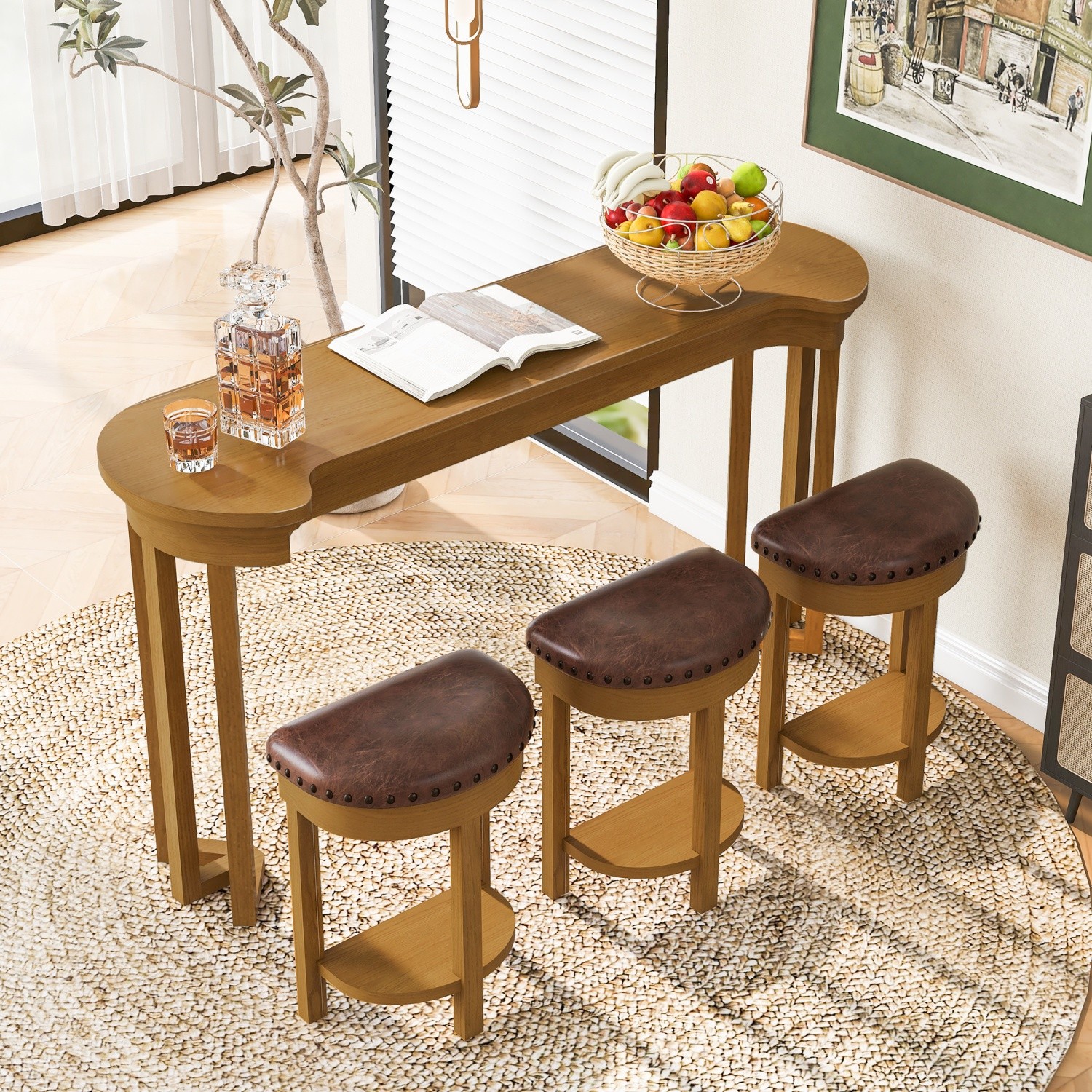 4 Piece Kitc/hen Counter Height Bar Table Set with 3 PU Padded Solid Wood Stool