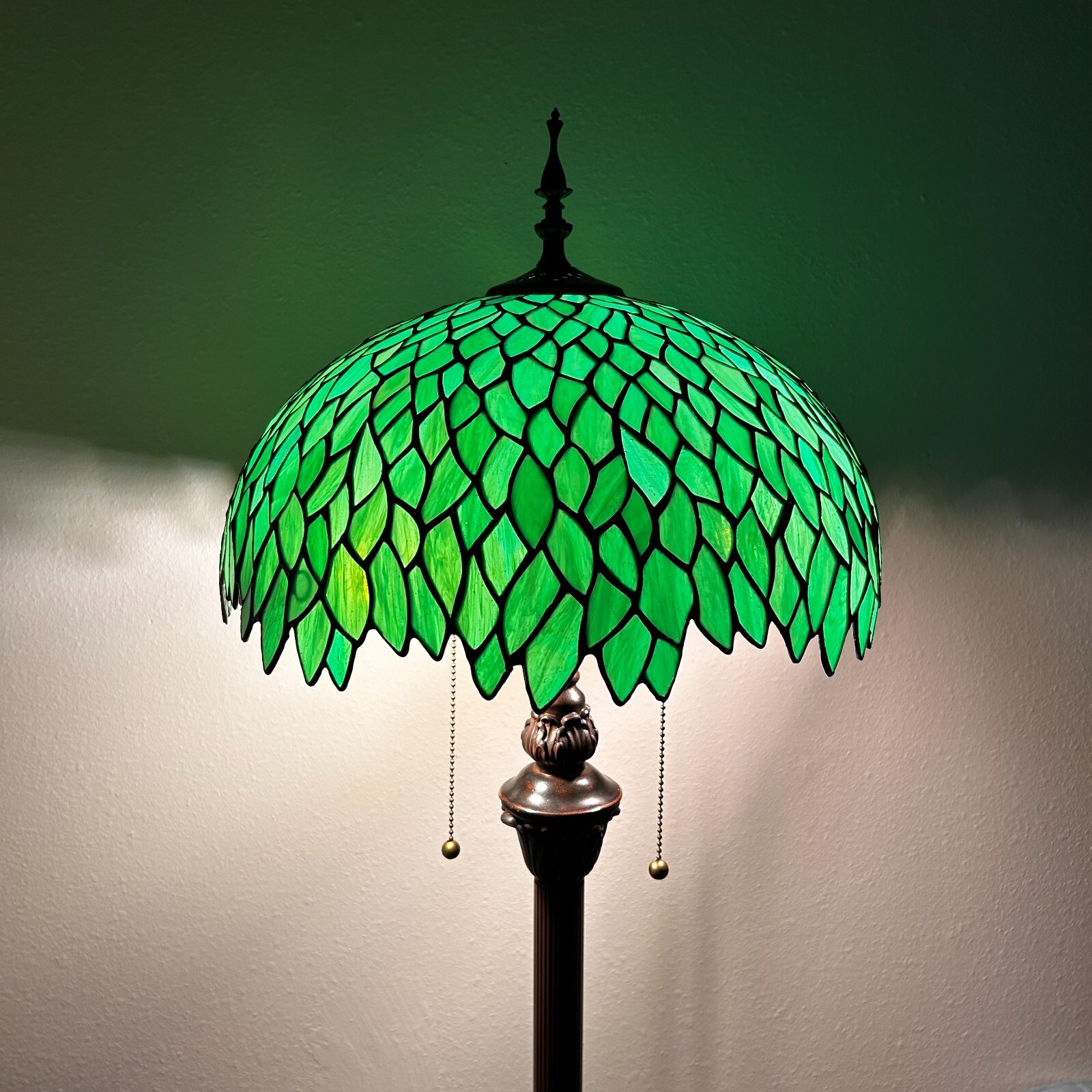 Tiffany Style Floor Lamp Green Stained Glass Leaves Metal Base LED Bulb 64"H16"W