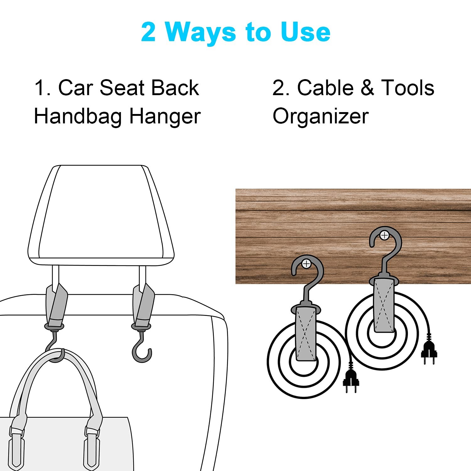 Wisdompro Car Seat Headrest Hook, 2 Pack Multi-Purpose Hanger for Black