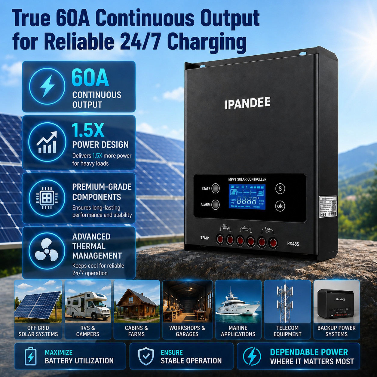 12V/24V/36V/48V 60A MPPT Solar Charge Controller For AGM Gel Flooded 3120W US