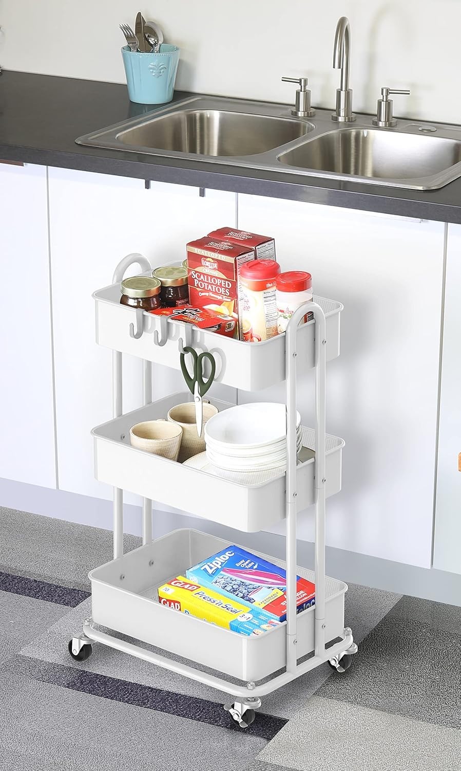3-Tier Heavy Duty Metal Utility Rolling Cart, White