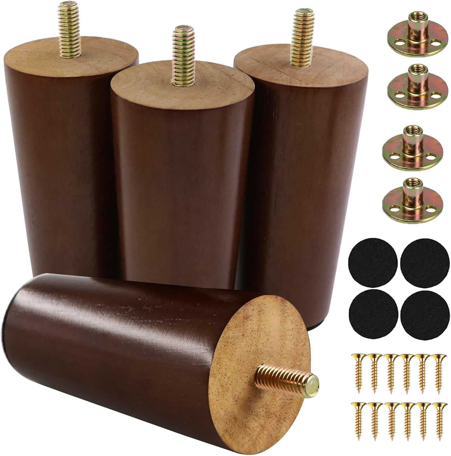 4 Inches Round Solid Wood Furniture Legs Set of 4, Brown Wooden Feet with Thr...