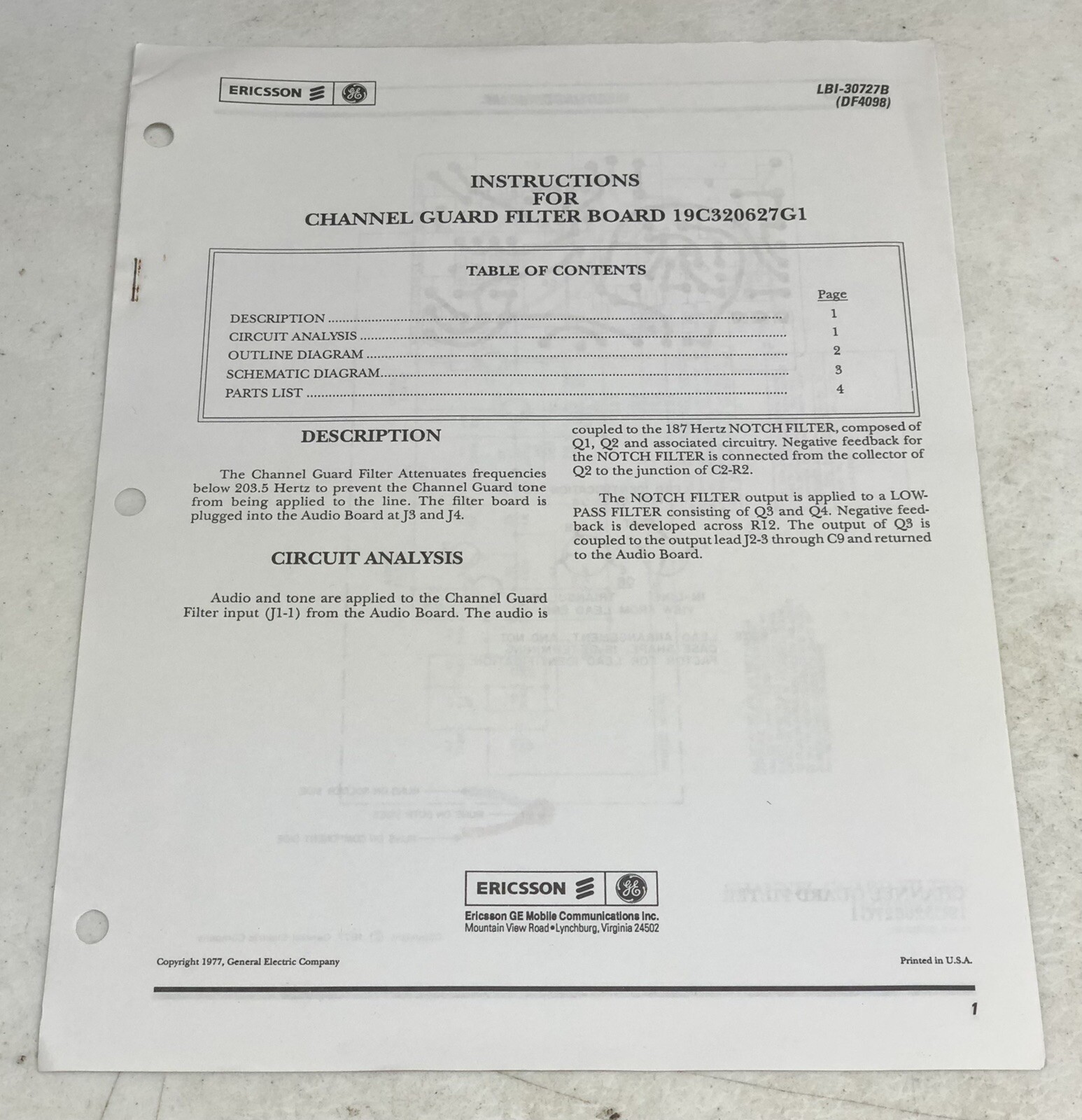 Ericsson GE Instructions for Channel Guard Filter Board 19C320627G1 - LBI-30727B