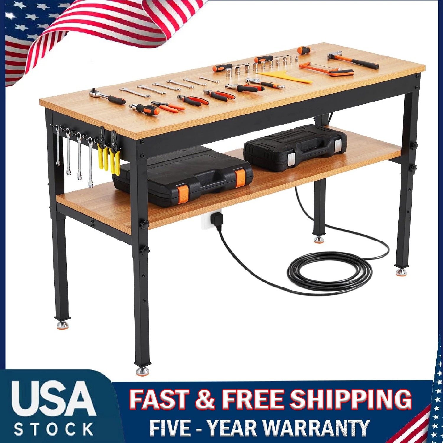 60" Adjustable Height Workbench 2500LBS Work Table w/Power Outlet ,Storage Shelf