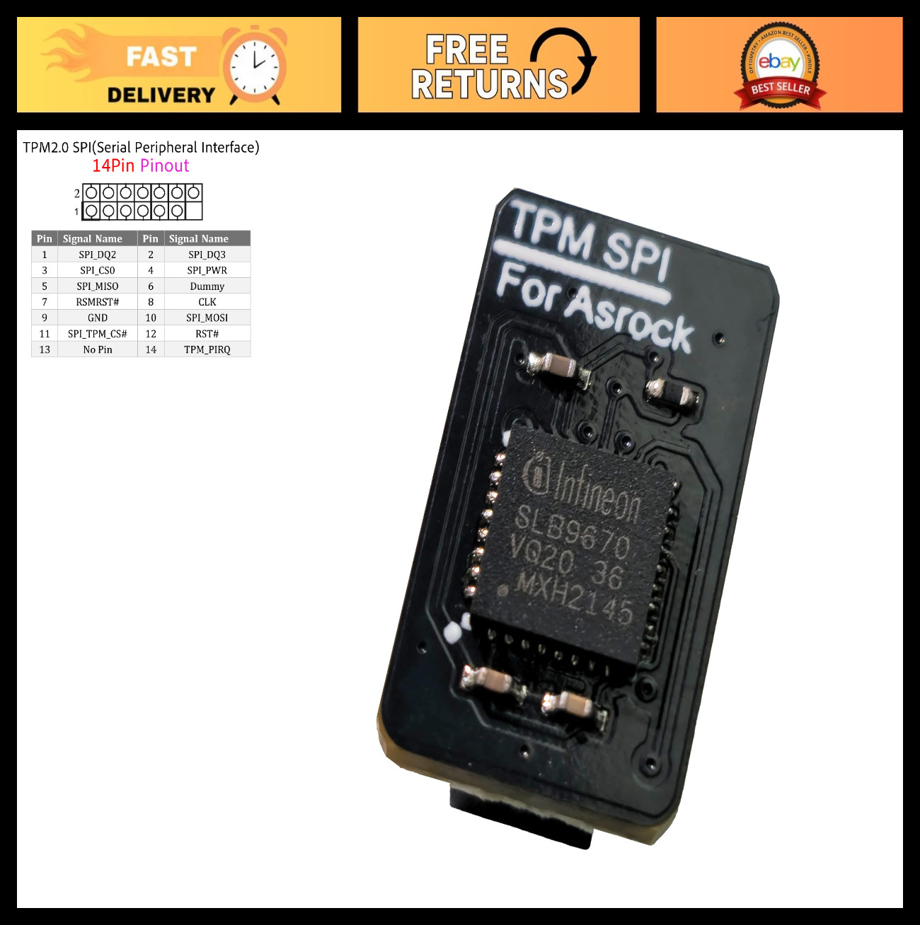 TPM 2.0 Security Module, 14-Pin SPI Interface, Compatible with Asrock Motherboar