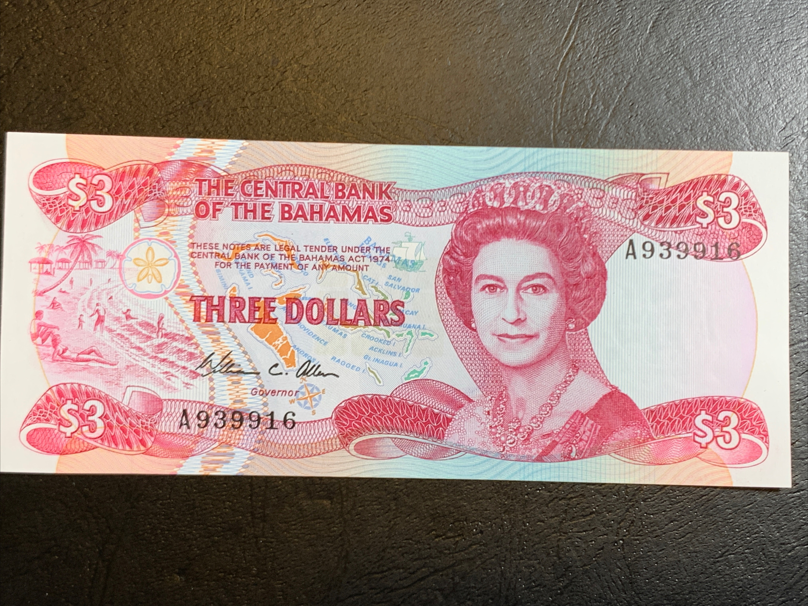 1974 Bahamas Central Bank Banknote 3 dollar UNC