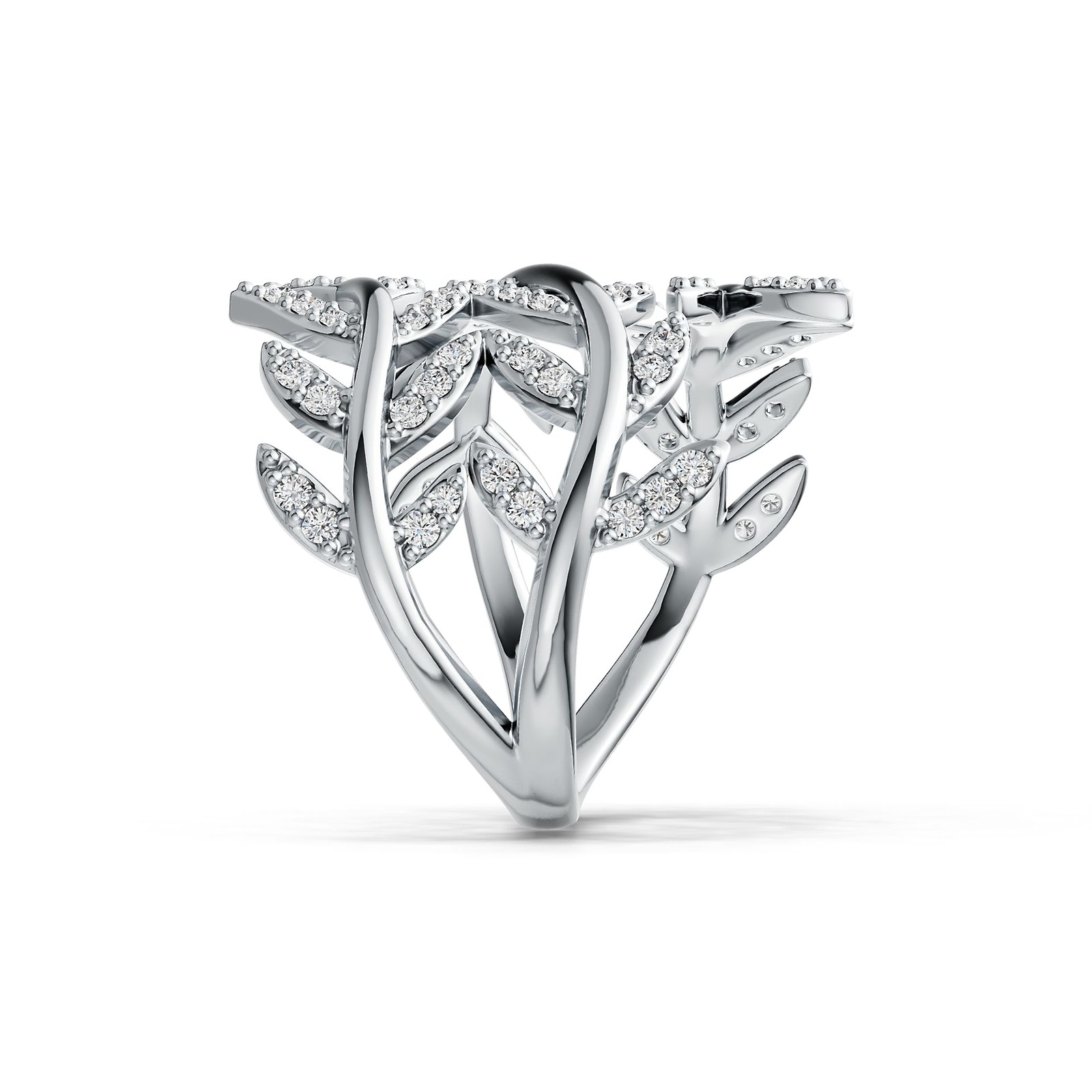 Sterling Silver Ring with White Topaz or Moissanite Leaf-and-Vine Theme Bypass