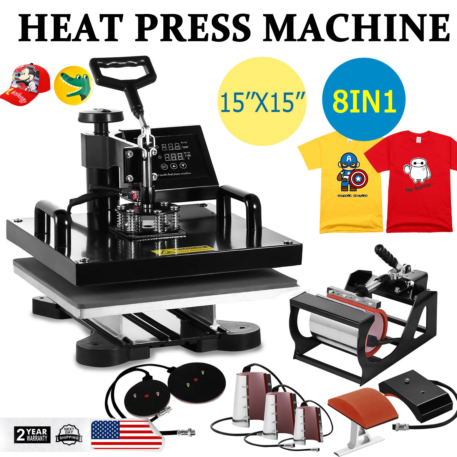 8 IN 1 Combo T-Shirt Heat Press Transfer Machine 15"x15" Sublimation Swing Away