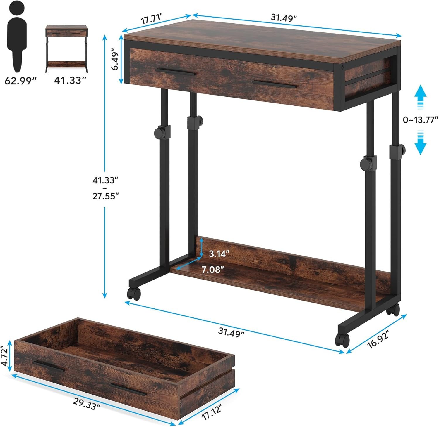 Portable Desk with Drawers, Mobile Laptop Desk with Wheels, Sofa Side Table Smal