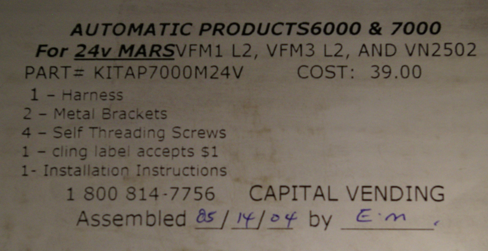 Automatic Products 6000 7000 24v MARS VALIDATOR conversion kit KITAP7000M24V