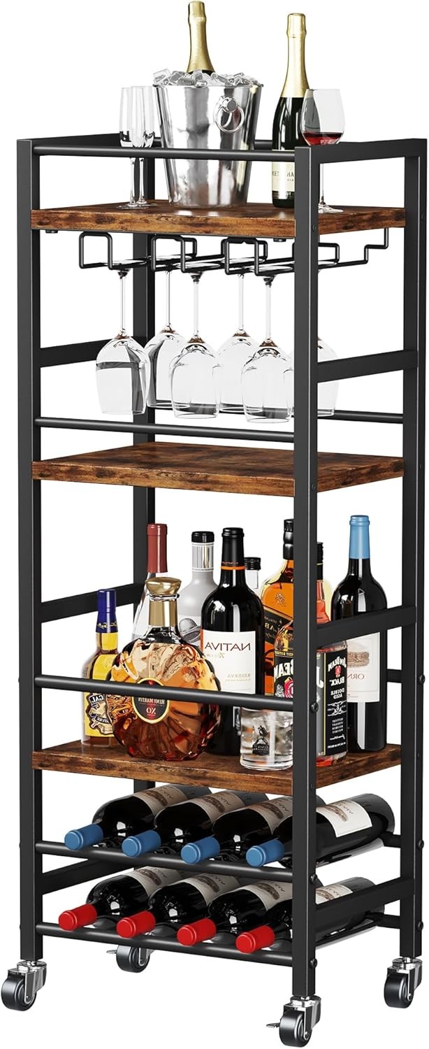 Small Bar Cart W/ 5-Tier Shelf Mobile Kitchen Shelf W/ Wine Rack & Glass Holder