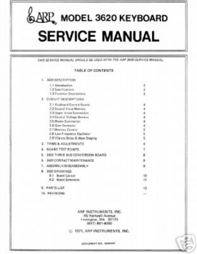 Arp 3620 Synthesizer Service Manual Service Notes Sheet.
