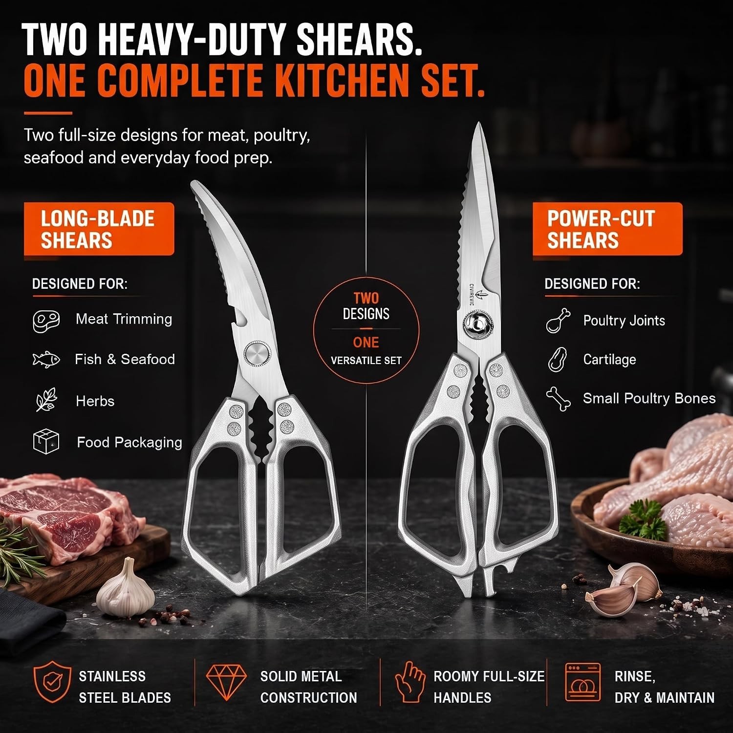 Heavy Duty Kitchen Shears for Bone Cutting, 2 Pack Ultra Sharp Poultry Scissors,