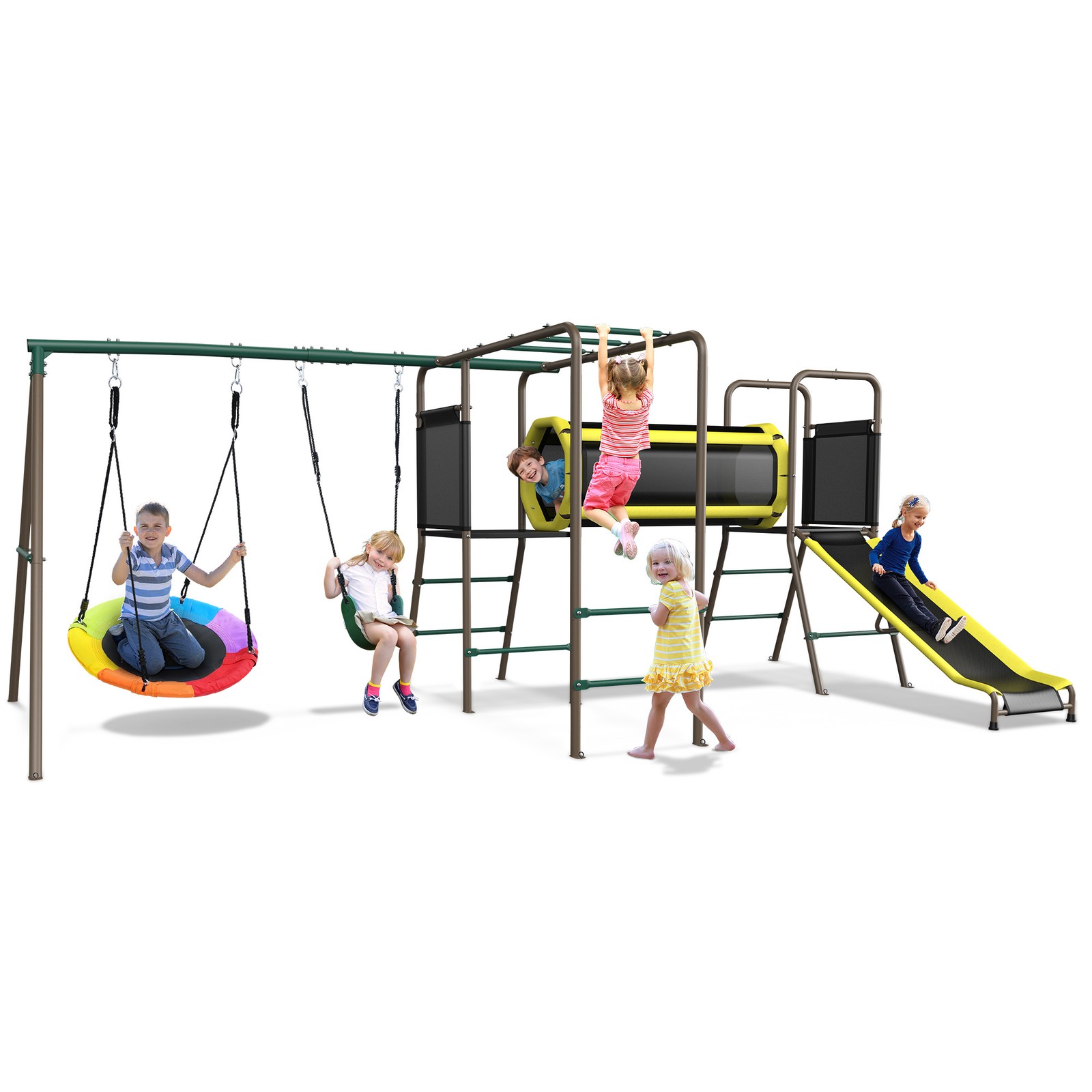 660lbs Metal Swing Set for Backyard with Heavy Duty Swing Frame,Slide,Monkey Bar