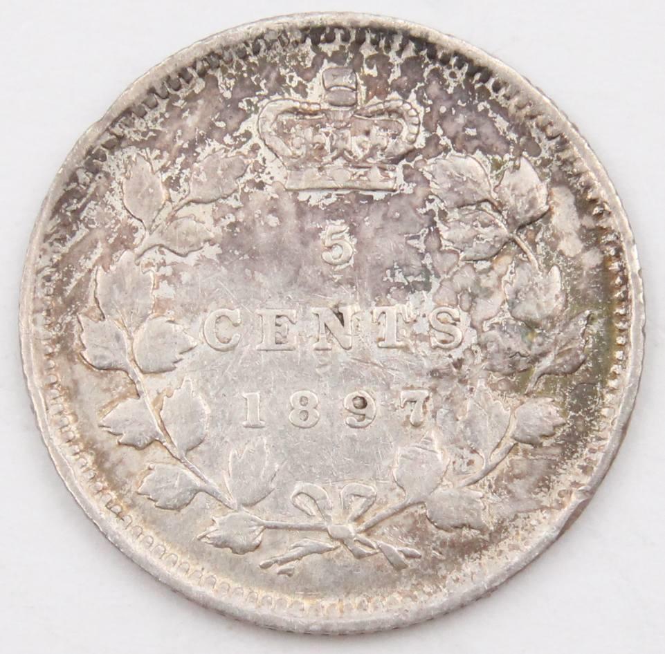 1897 Canada 5 cents silver Narrow-8  EF+  rim nick