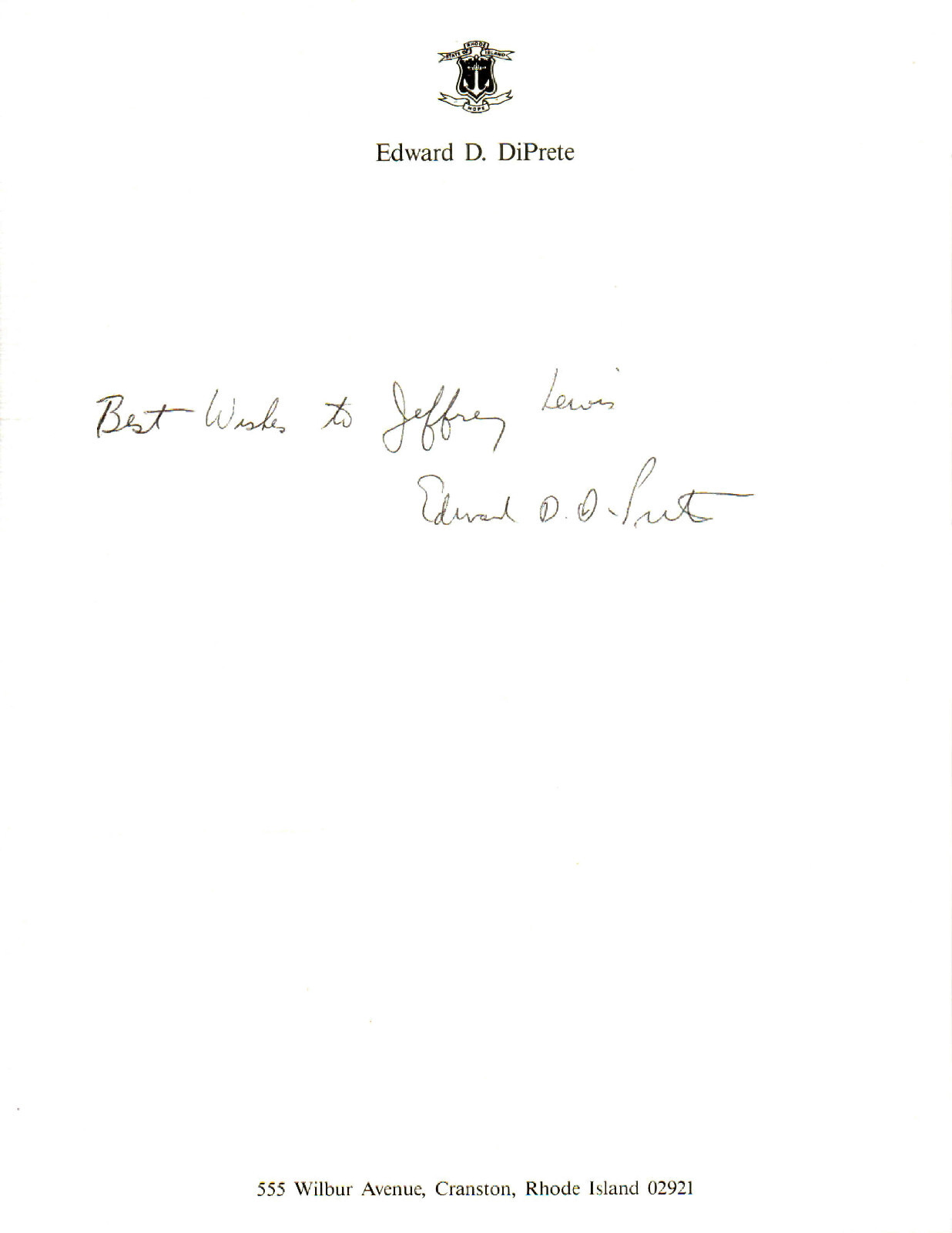 EDWARD DiPRETE - Governor of Rhode Island (85-91) - Autograph Sheet