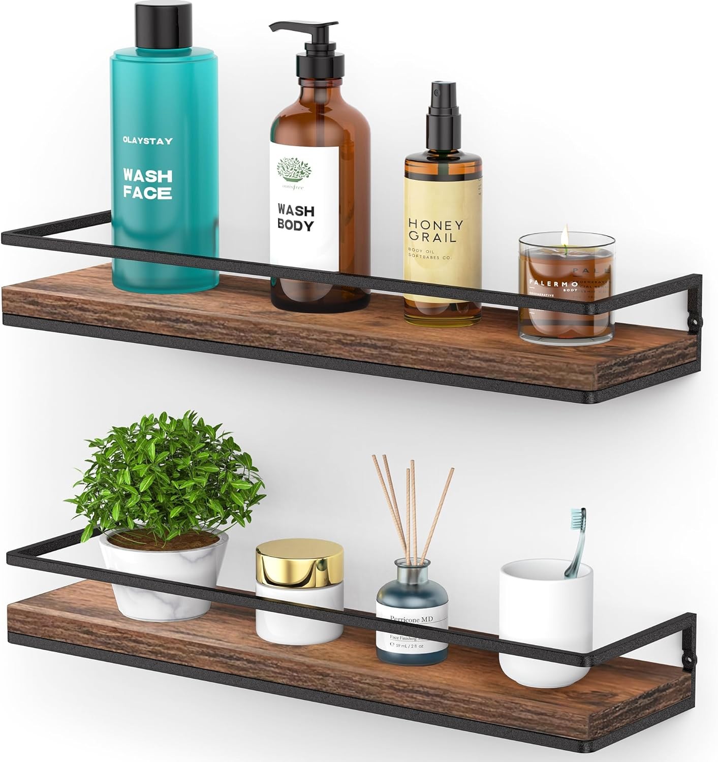 Meangood Floating Shelves Wall Mounted Set of 2, Rustic 2 Pack, Brown