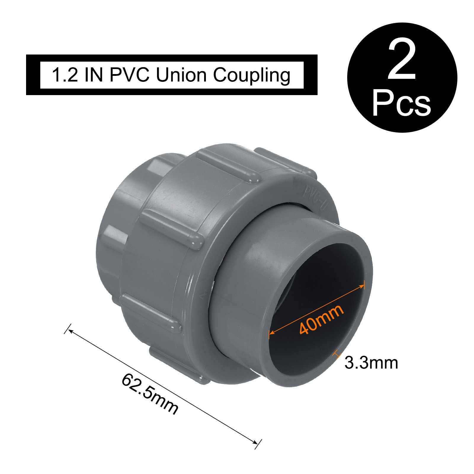 2 Pcs 1.2" Union PVC Coupling Pipe Fitting Adapter, Grey