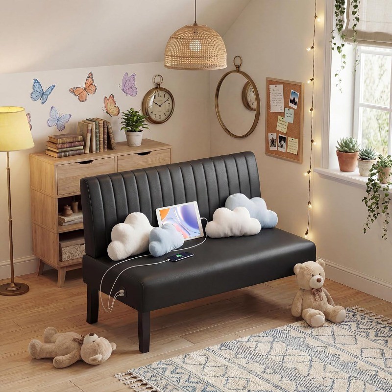 Leather Armless Love Seat W/USB Port Small Mini Office Sofa Couch Small Space