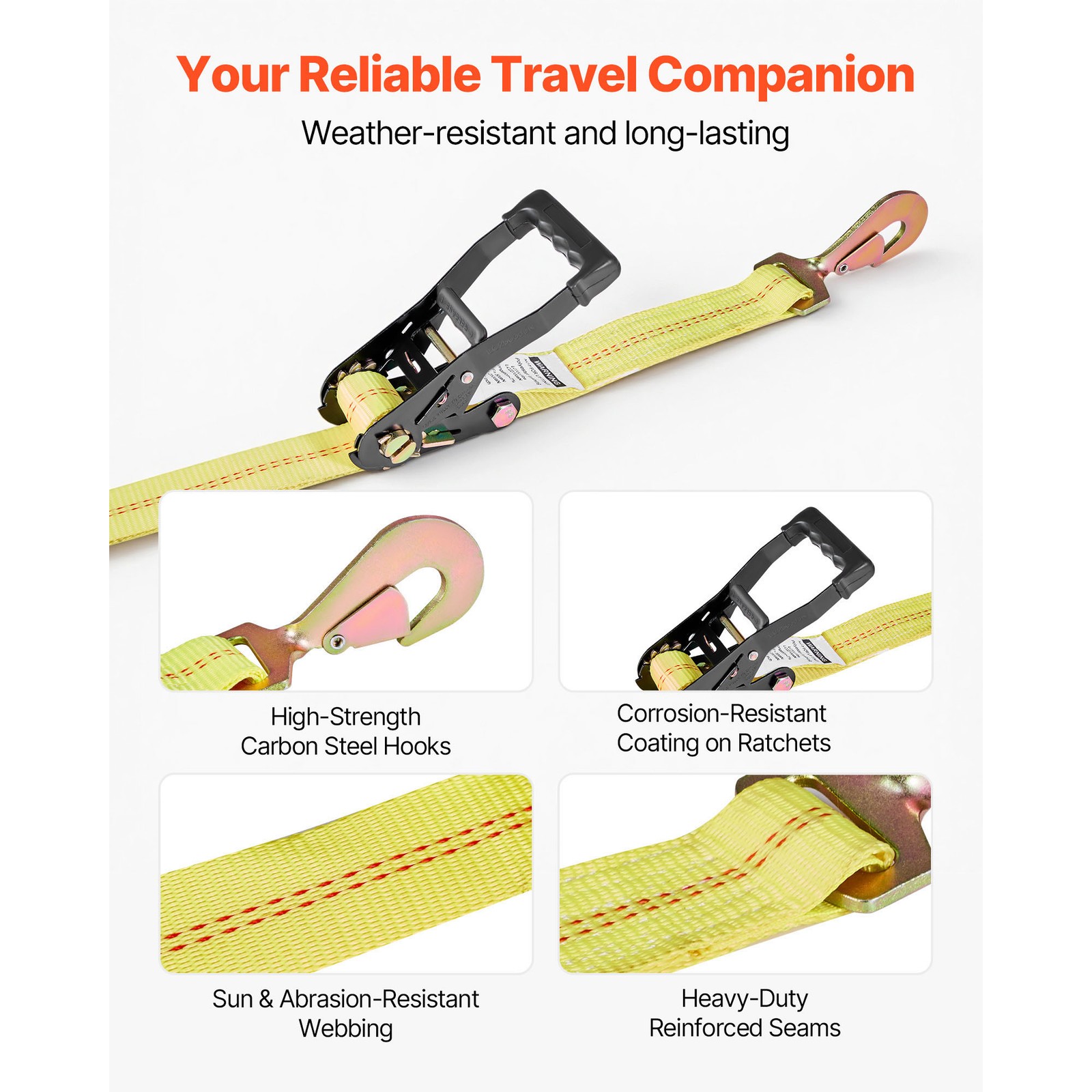 4 Set Wheel Chock Tie-Down Kit Flatbed Ratchet Tie Down Strap w/Spring Hooks