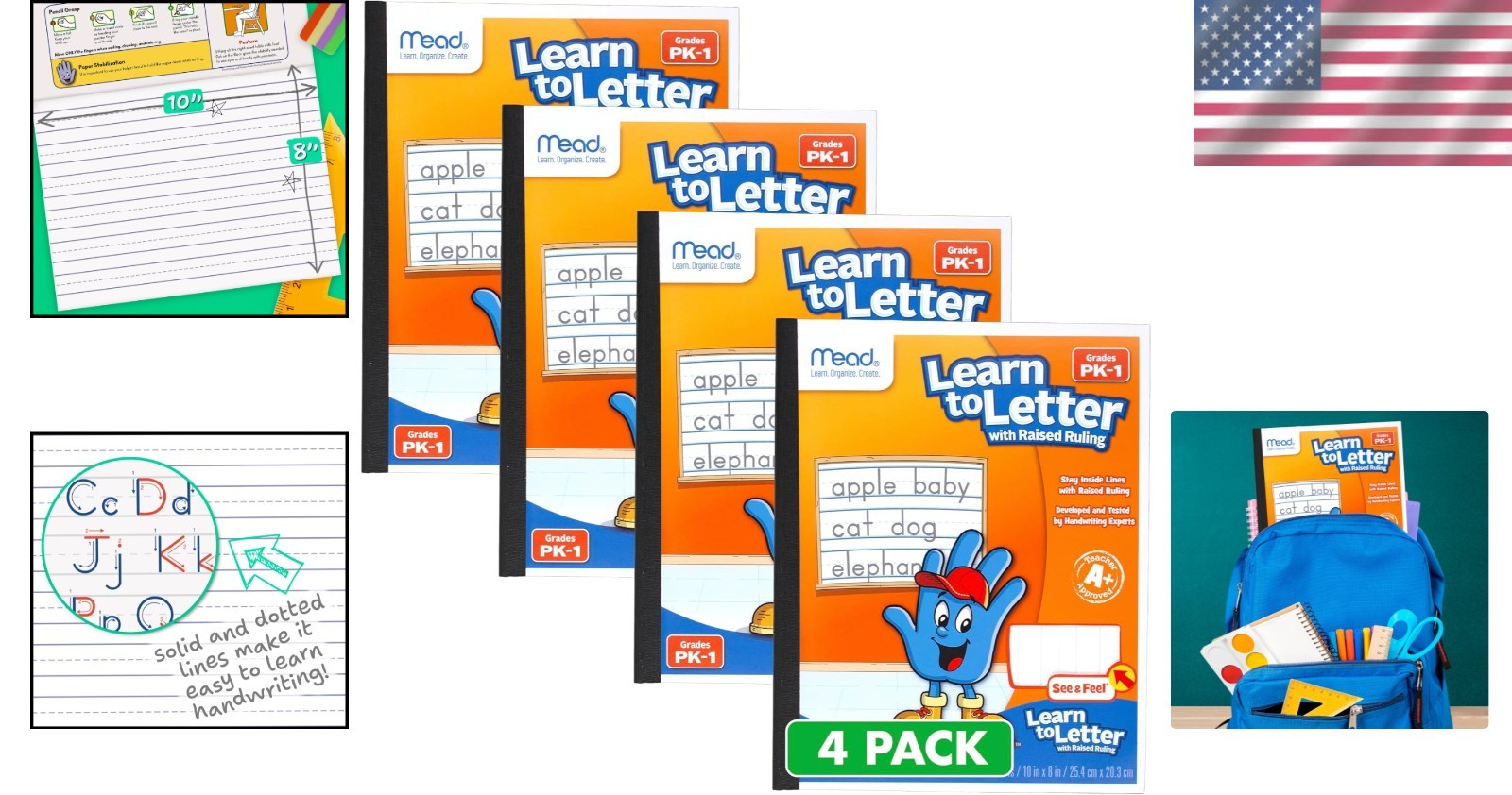 Raised Ruling Writing Pads, 4 Pack, Perfect for PK-1 Students, 40 Sheets Each