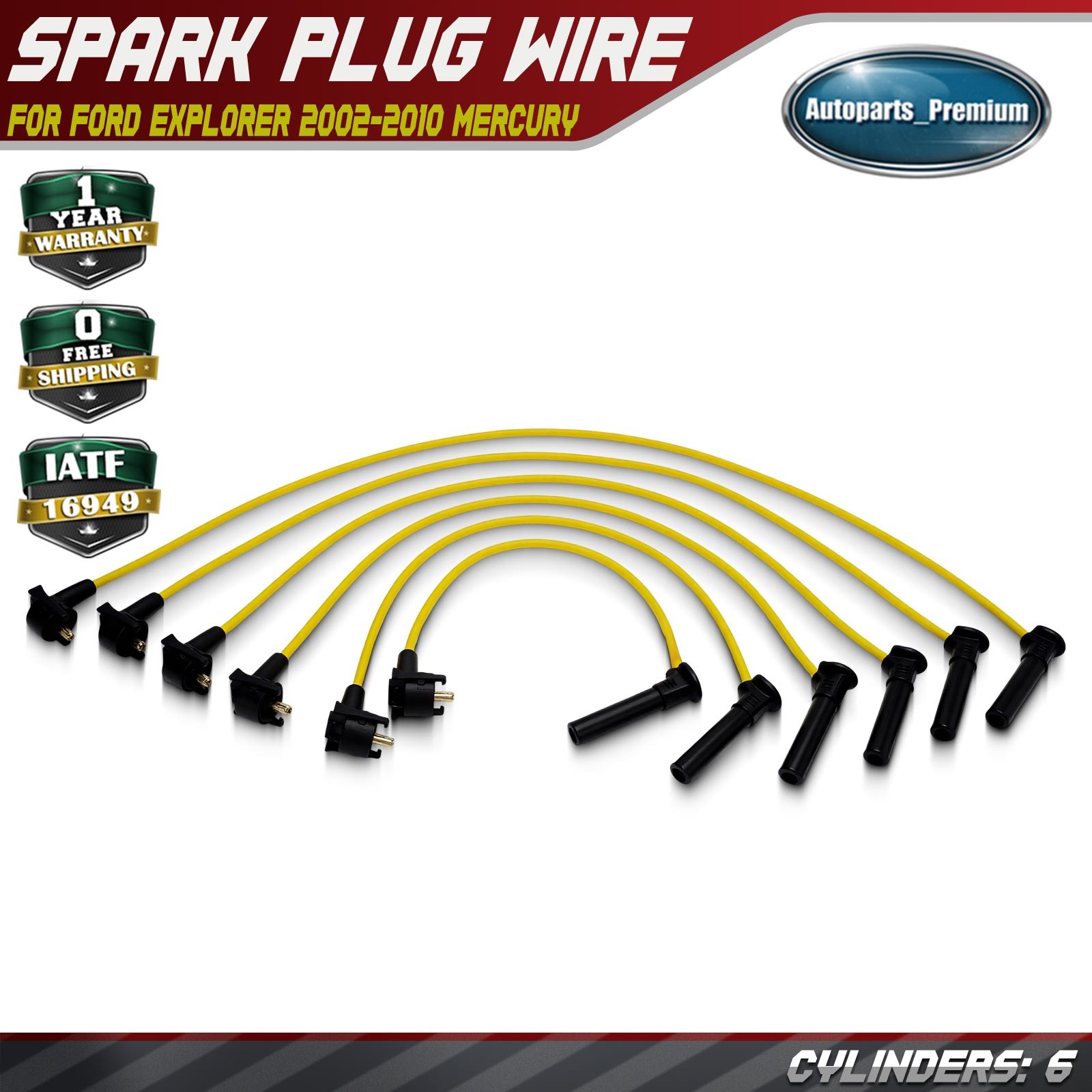 6x Yellow Spark Plug Wire Set for Ford Explorer 02-10 Mercury Mountaineer 01-10